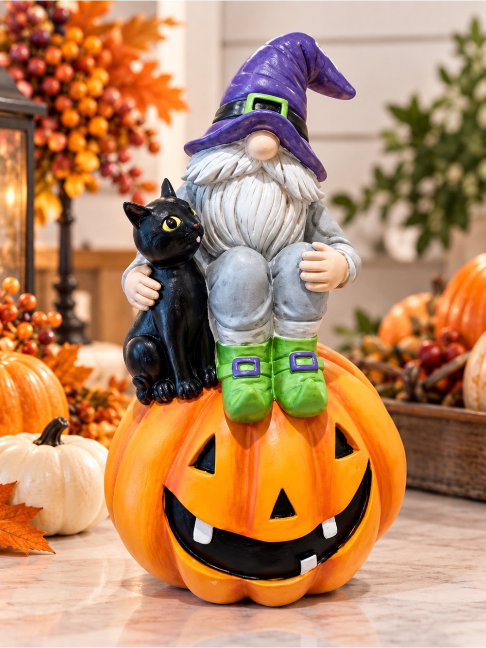 NEW Charming Resin Halloween Gnome Sitting On A Jack-o-Lantern With Black Cat -